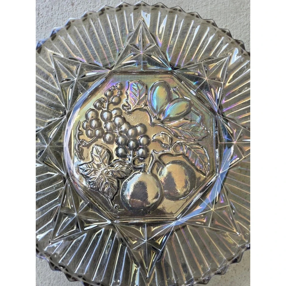 Vintage Carnival Glass Bowl Iridescent Fruit Harvest Grapes Pears 10.5 Inch‎ E3